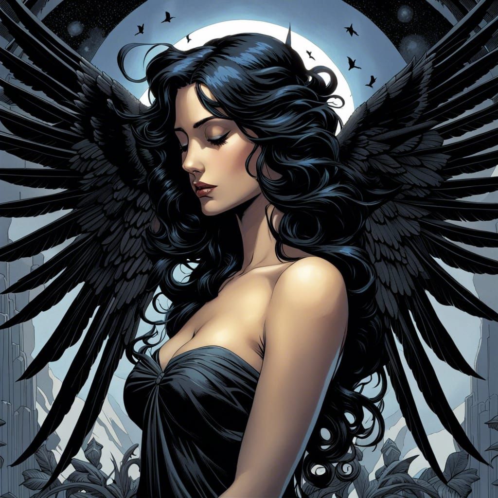 Mourning Angel with Black Wings in Comic Book Art