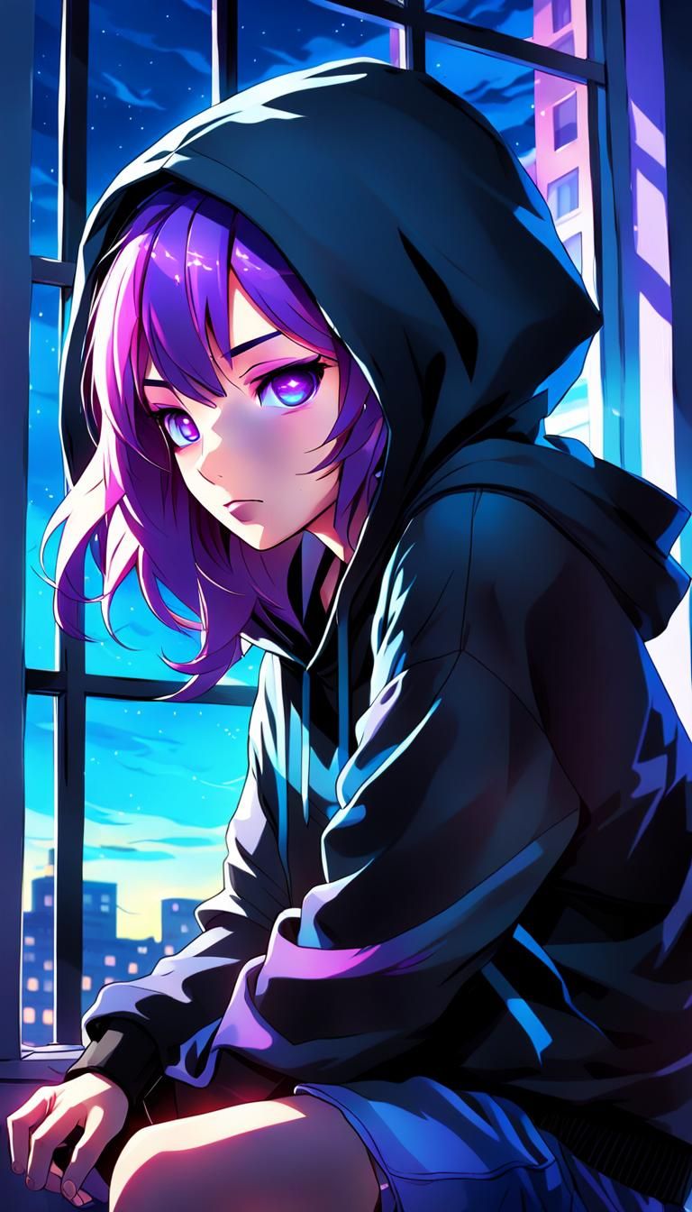 Vibrant Anime Girl in Black Hoodie Sits on Windowsill