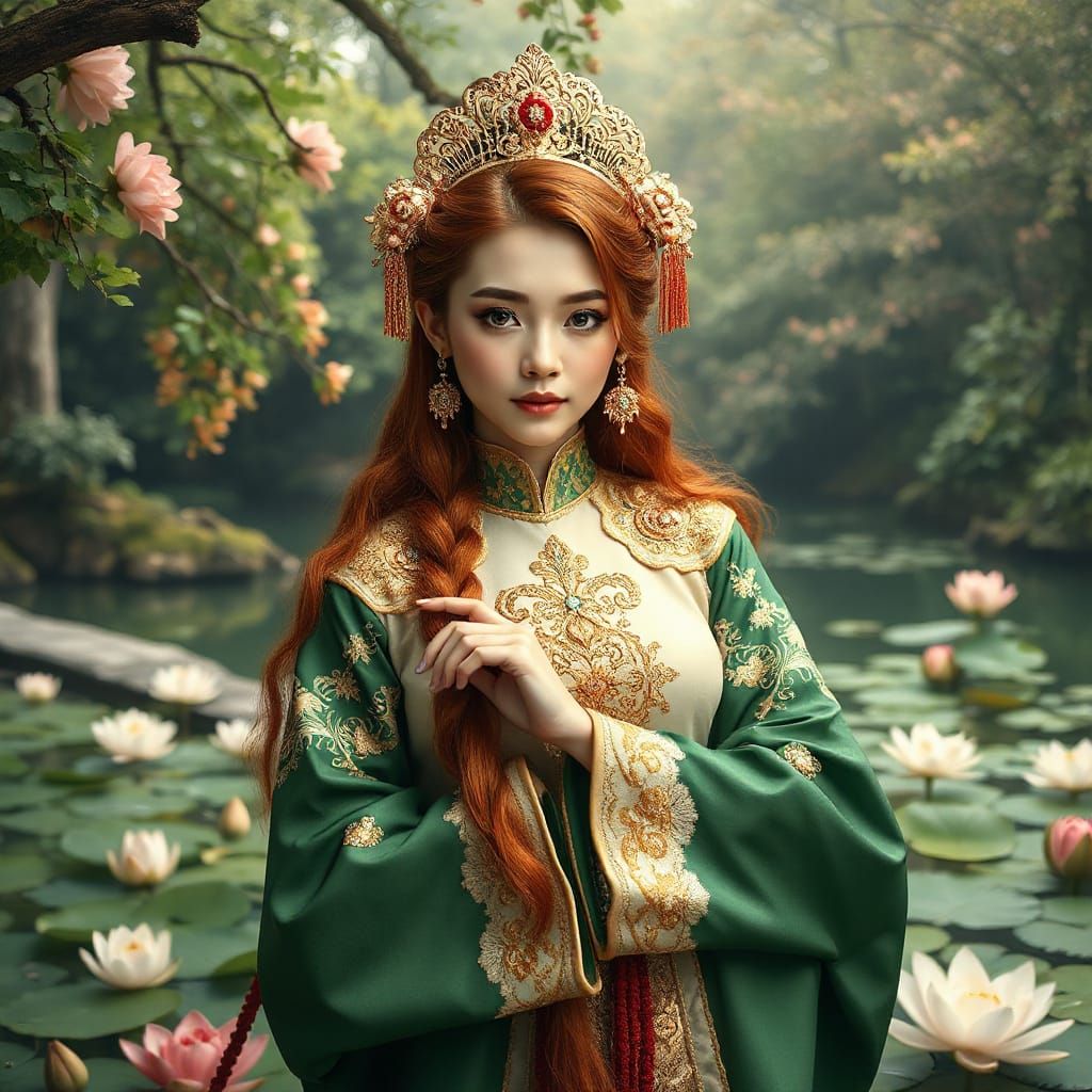 Embracing Figures in Ornate Floral Attire