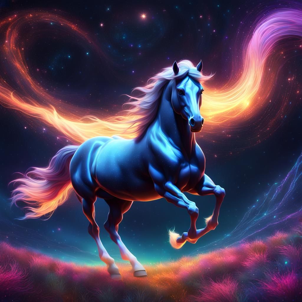 Galaxy Horse: A horse galloping through a cosmic meadow, its...