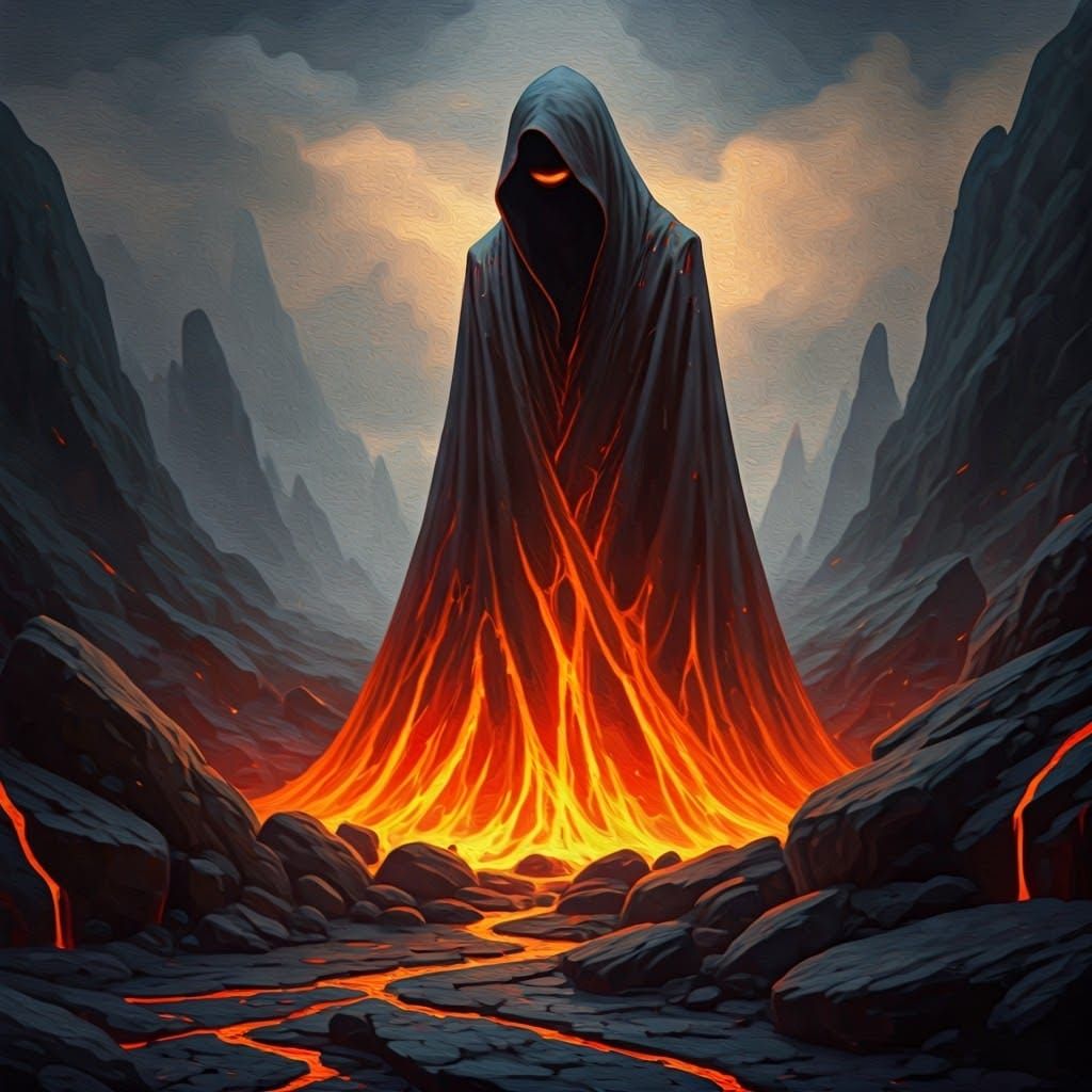 Ethereal Being in Fiery Landscape as Oil Painting