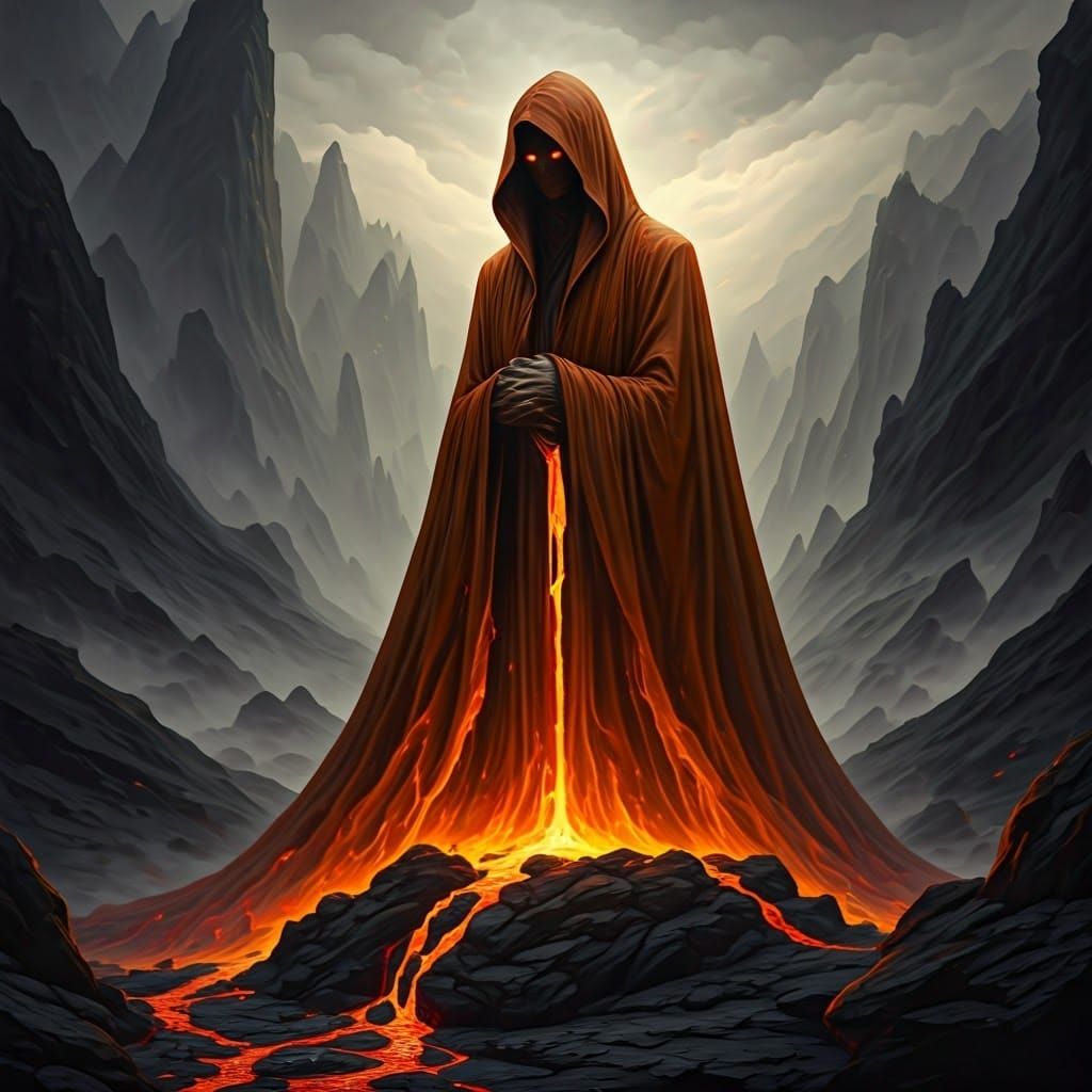 Mysterious Lava Figure in Apocalyptic Landscape