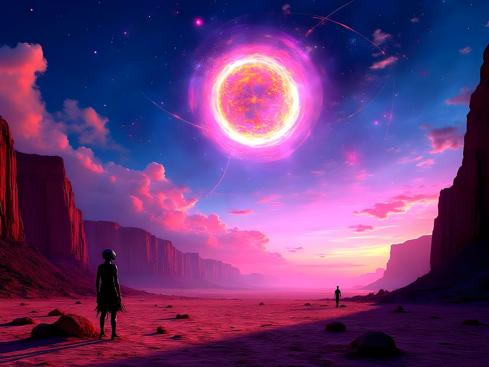 Seeing Anonymous Ray (mask on) with the colors of the sky shifting in the desert