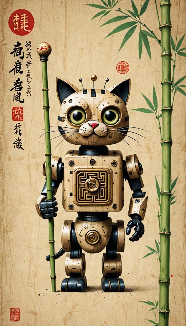 Windup Cat Robot on Bamboo Paper