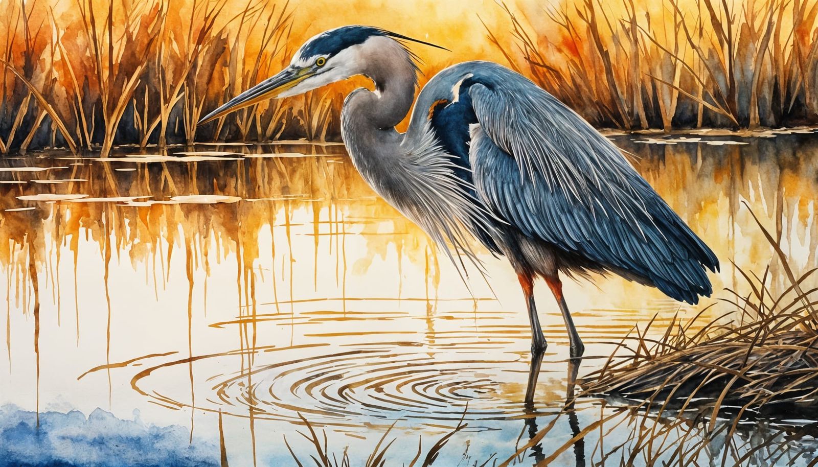 Heron Wading at Sunset: Ink and Watercolor Painting
