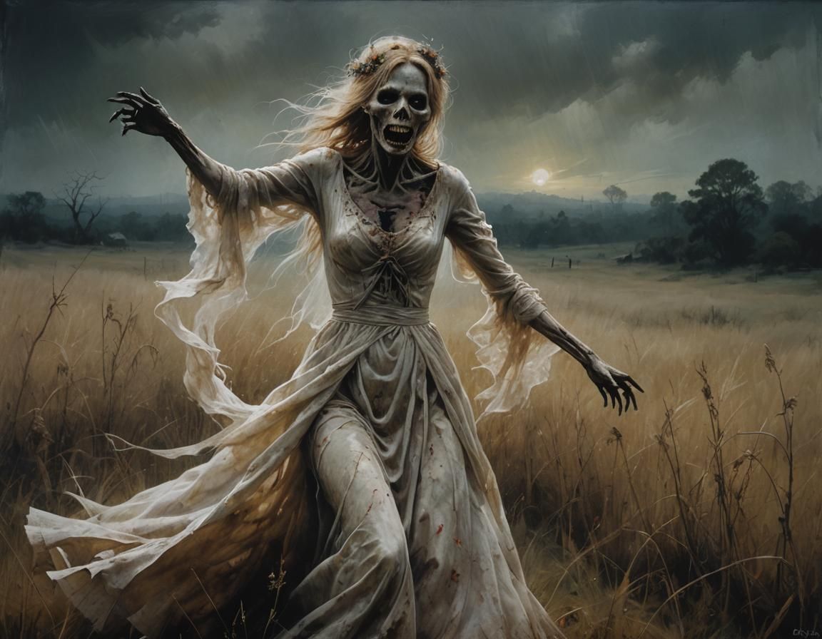 Macabre Noonwraith Dance in Field, Horror Art
