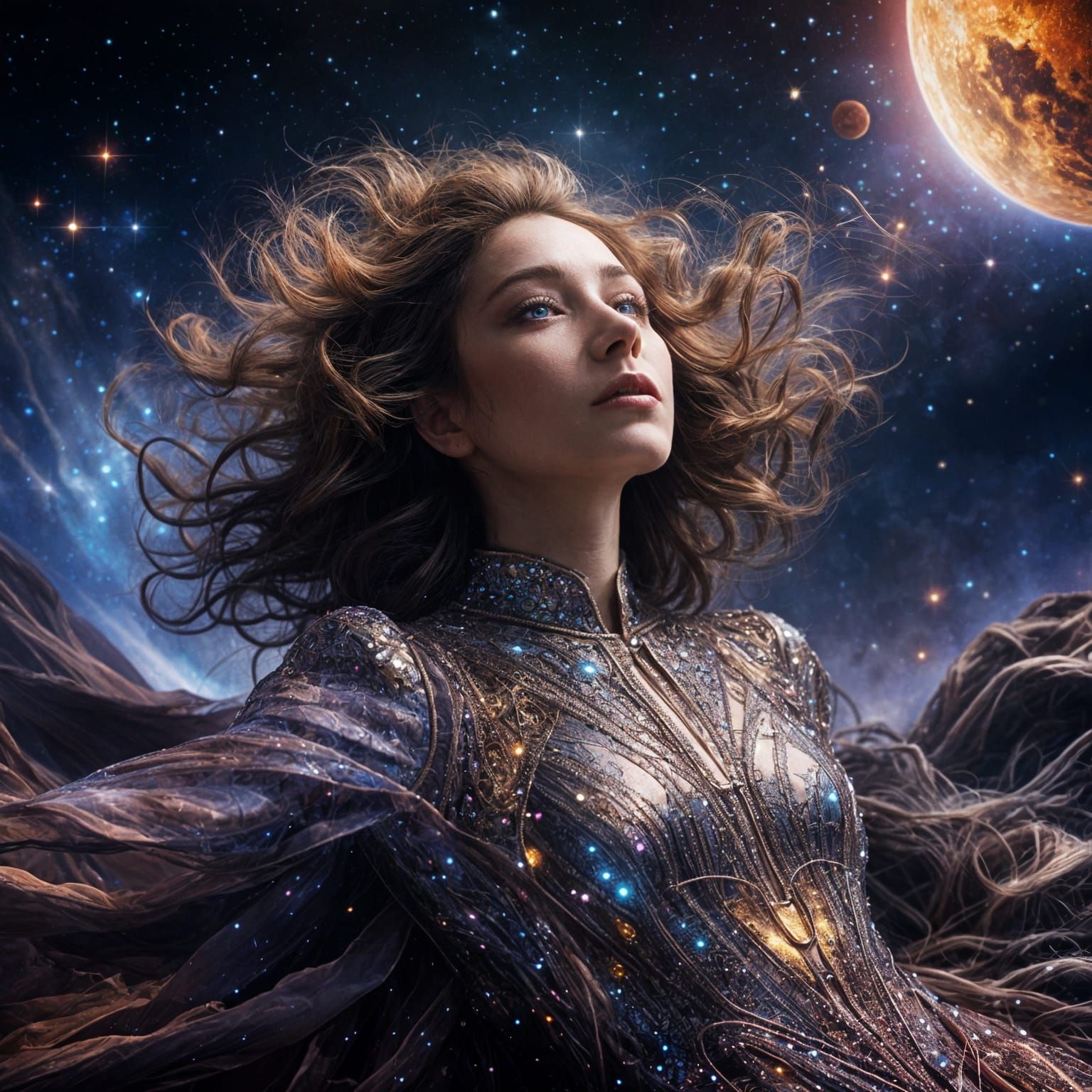 Ethereal Hyperrealistic Goddess in Celestial Dreamscape