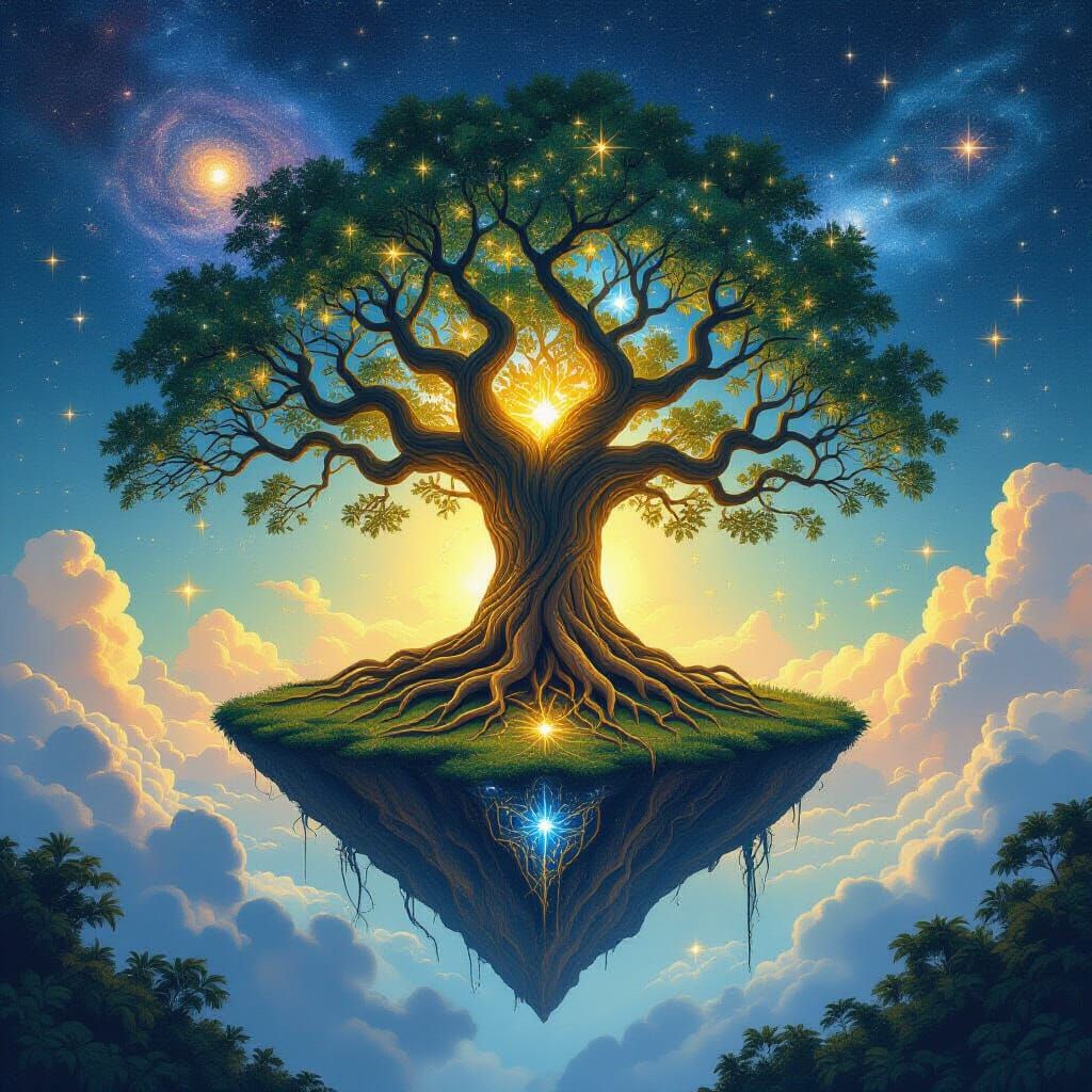 Cosmic Tree Anchors Floating Island in Space