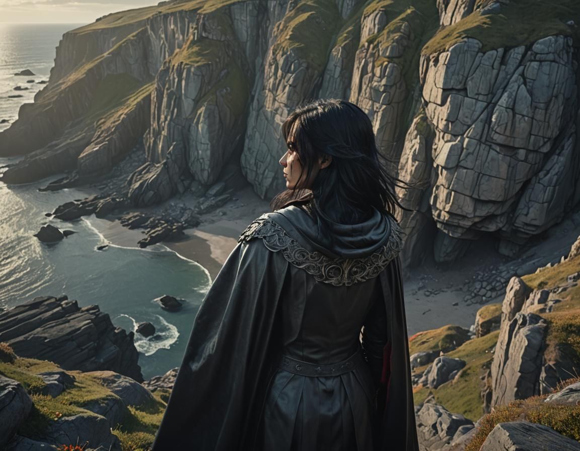 Woman on Coastal Cliff in Dark Fantasy Anime Style