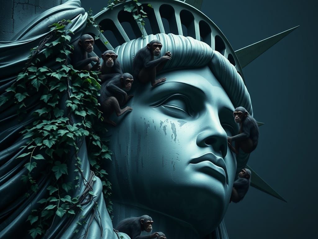 Statue of Liberty Overgrown with Ivy and Chimpanzees
