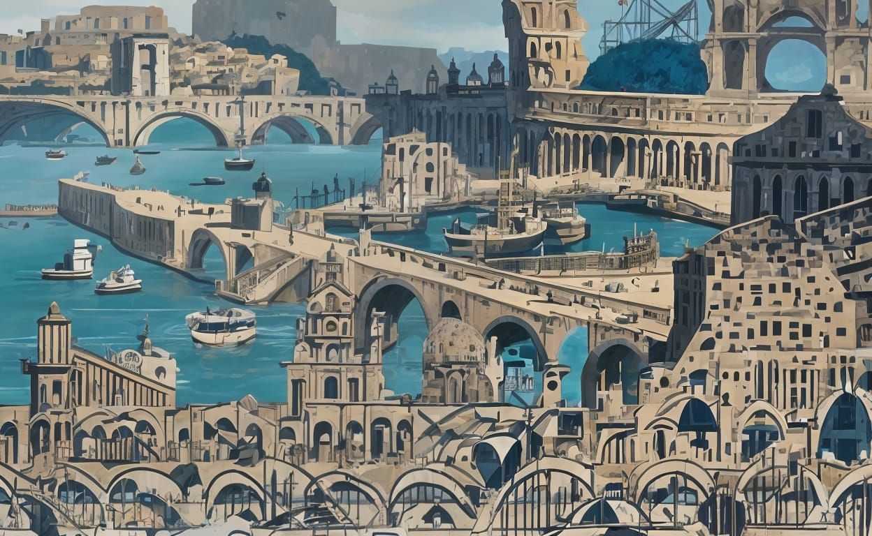 Charming Waterscape of Ornate Industrial Port City