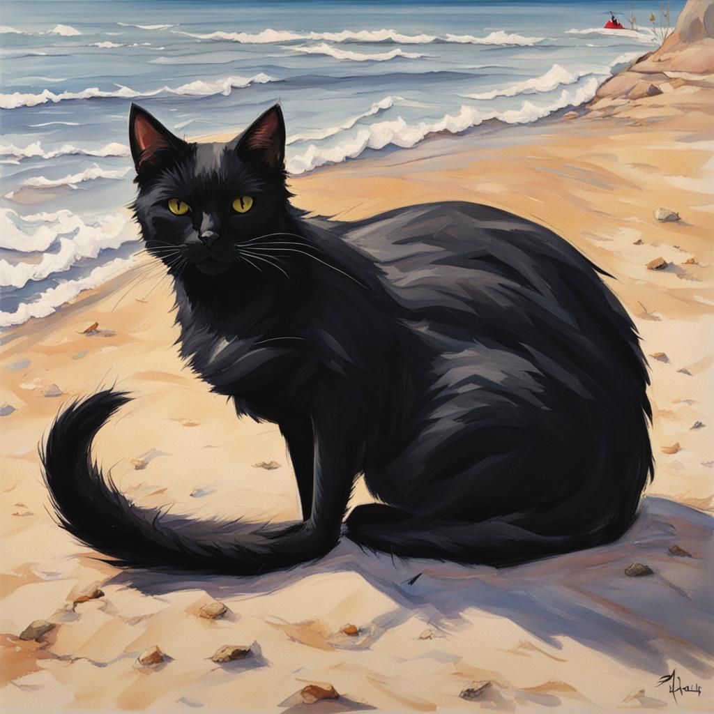 Black Cat Enjoying a Sunny Beach Day