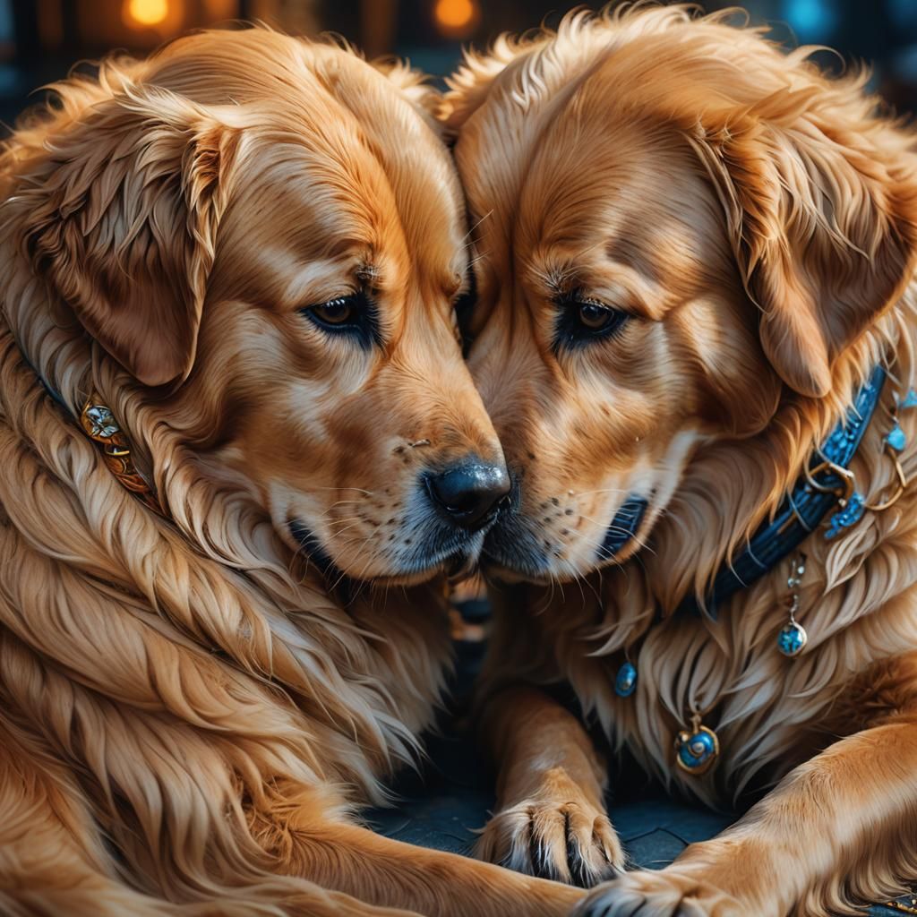 Golden Retrievers Nuzzling: Fantasy Concept Art
