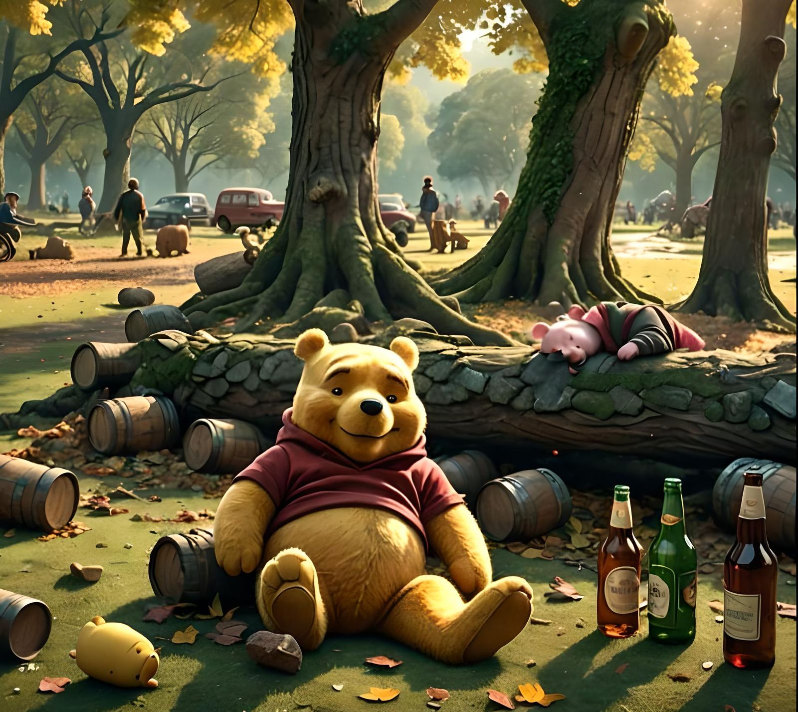 Pooh: “Another drink Piglet?". Piglet: “Zzzzzzz…"
