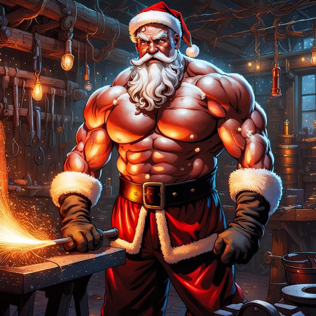 Athletic Santa in Underground Blacksmith Workshop