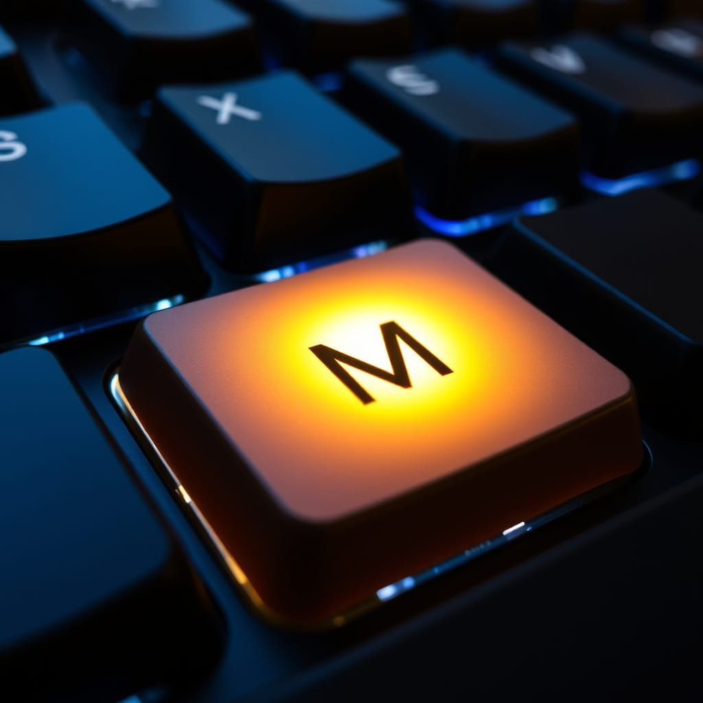 Backlit Keyboard's M Key in Dramatic Lighting