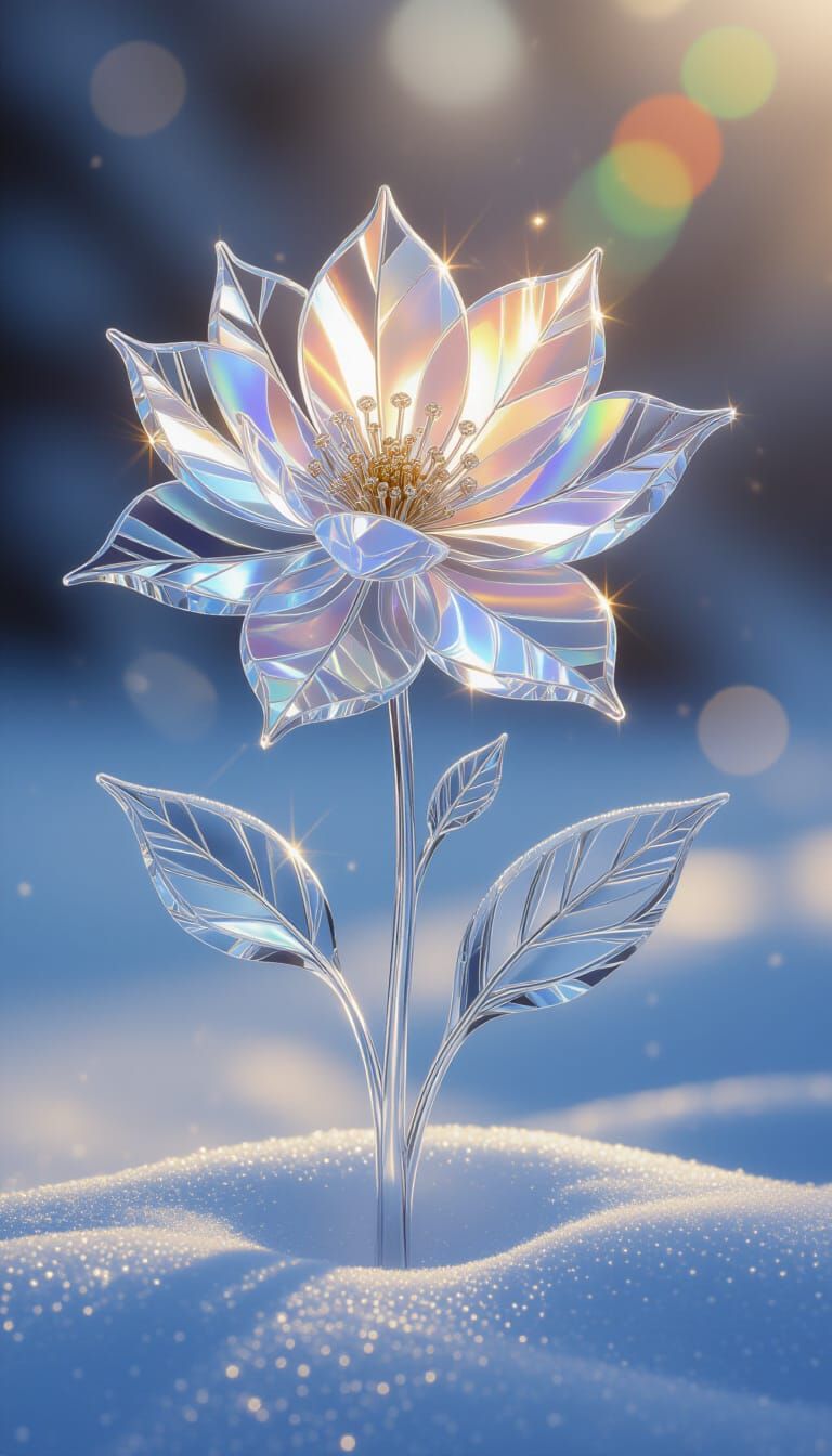 Shimmering Ice Flower Gleaming in Winter Sunlight