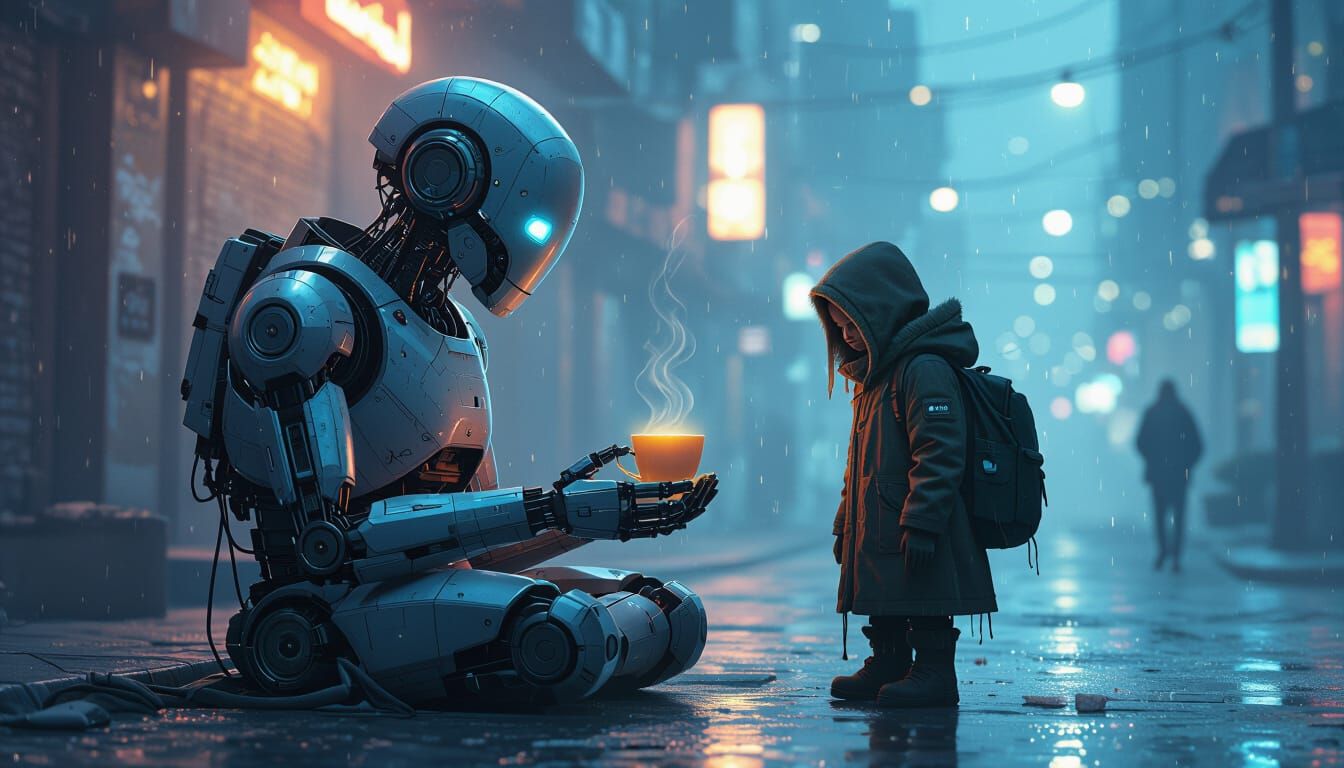 Robot Offers Tea to Traveler in Futuristic City