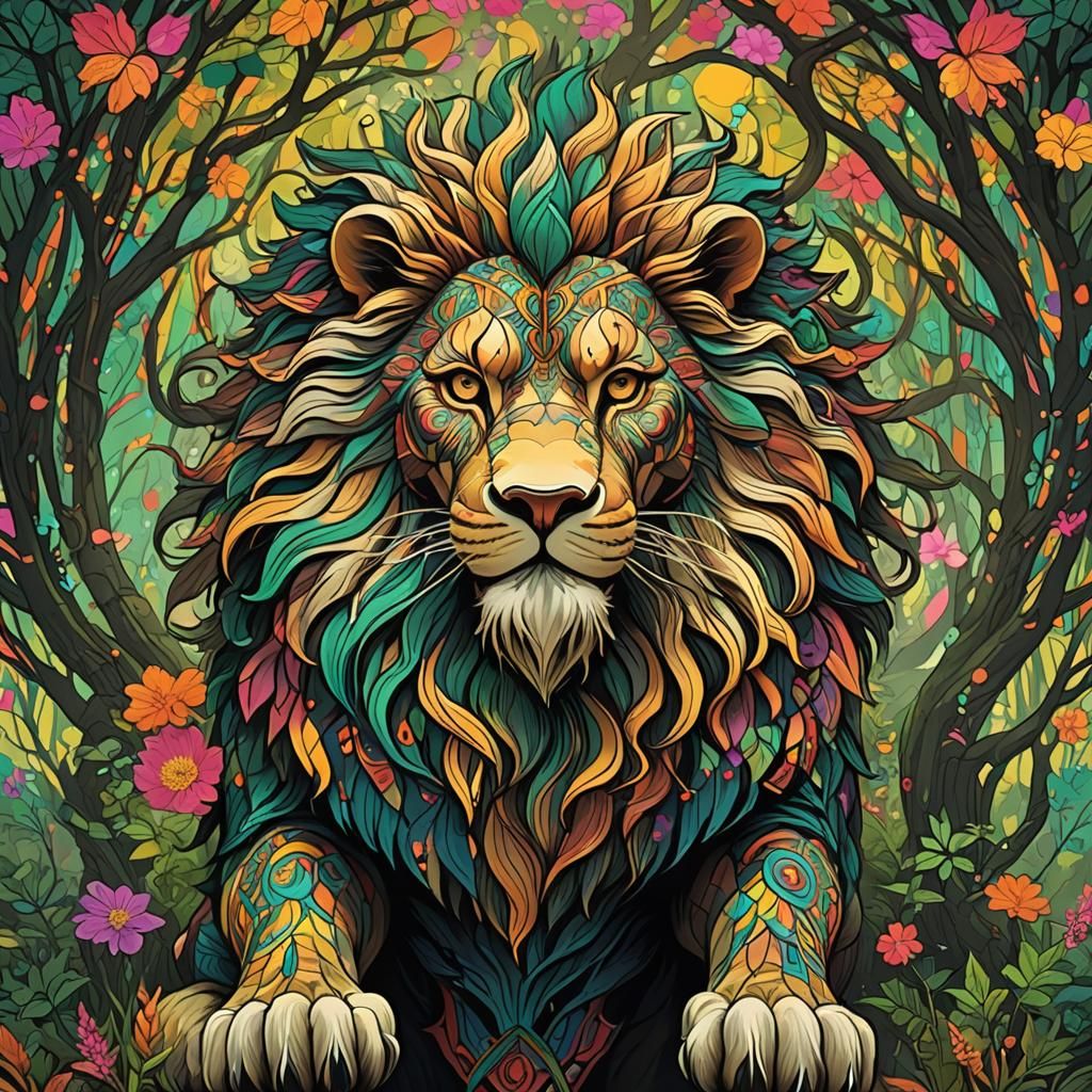 Gaelic Lion Forest Spirit in Psychedelic Style