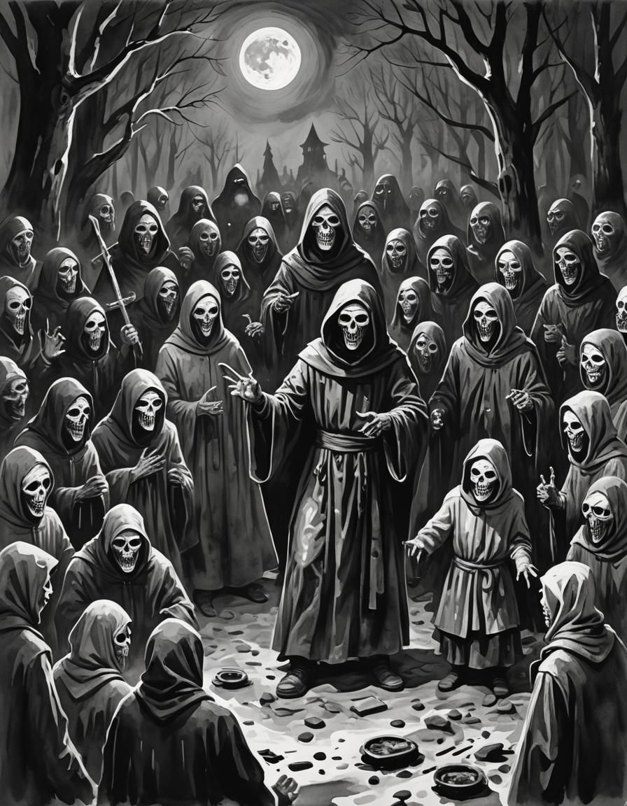 Folk-Horror Cultist Night Ritual in Gouache Style