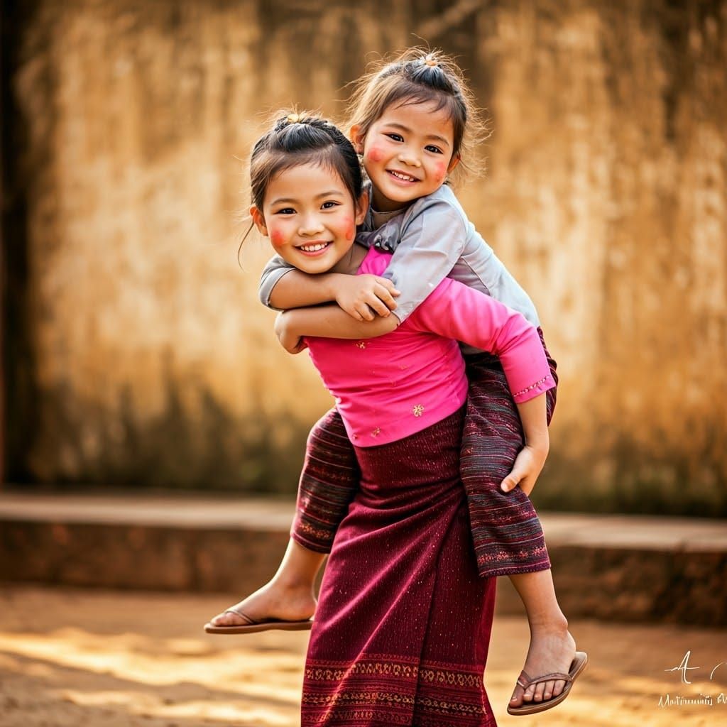 Playful Burmese Girls in Traditional Dress