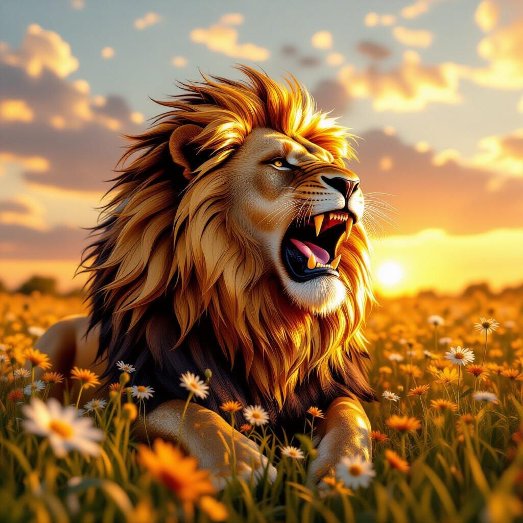 Golden Lion Roaring in Wildflower Field, Digital Art