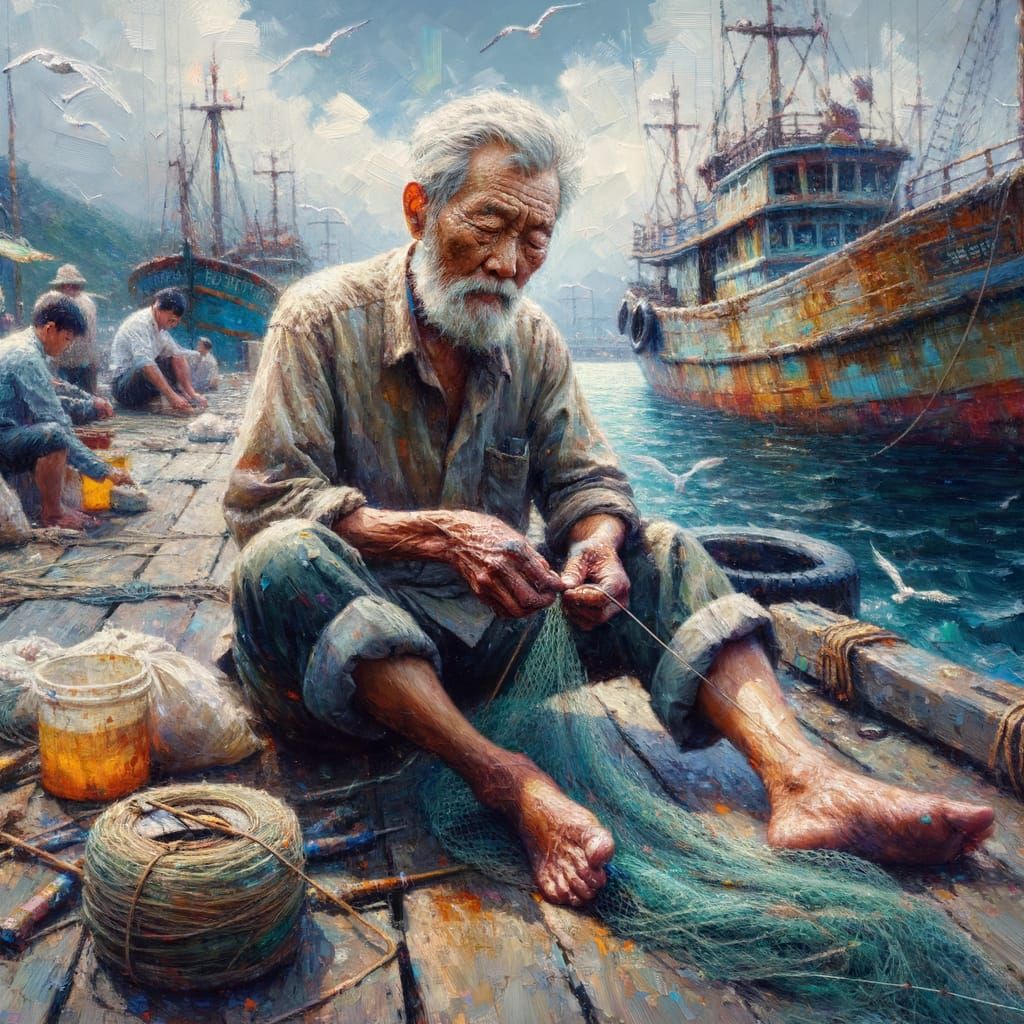 Elderly Fisherman Repairing Nets: Vivid Impasto Oil Painting