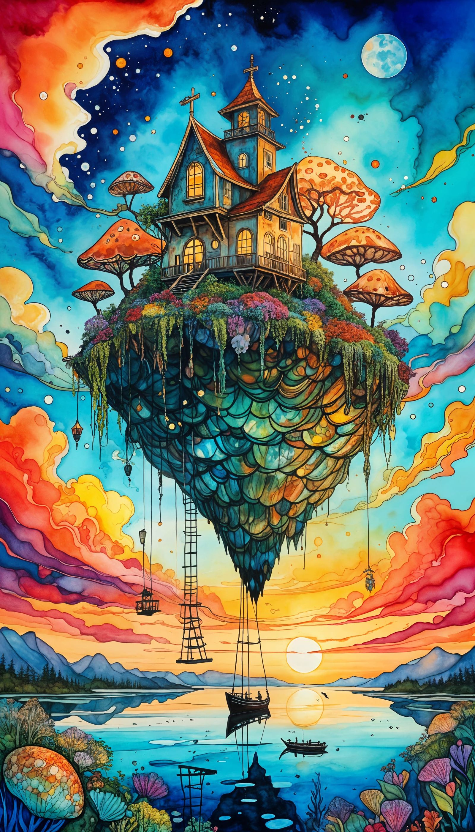 Vibrant Floating Island Above Reflective Lake