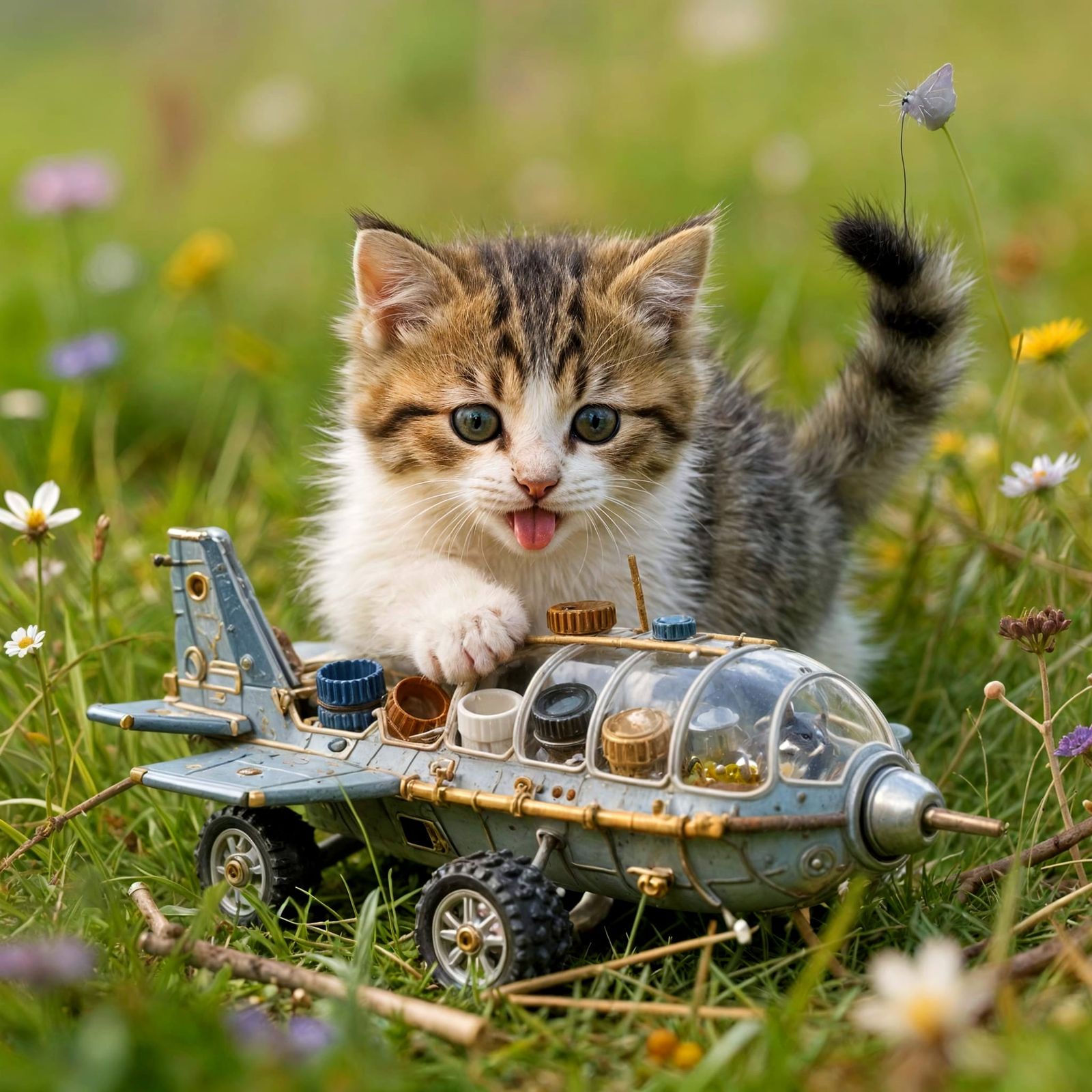 Fluffy Kitten Builds Spaceship in Painterly Meadow