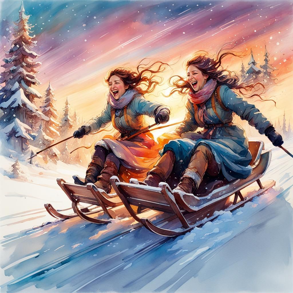 Winter Sledding Scene in Digital Watercolor Style
