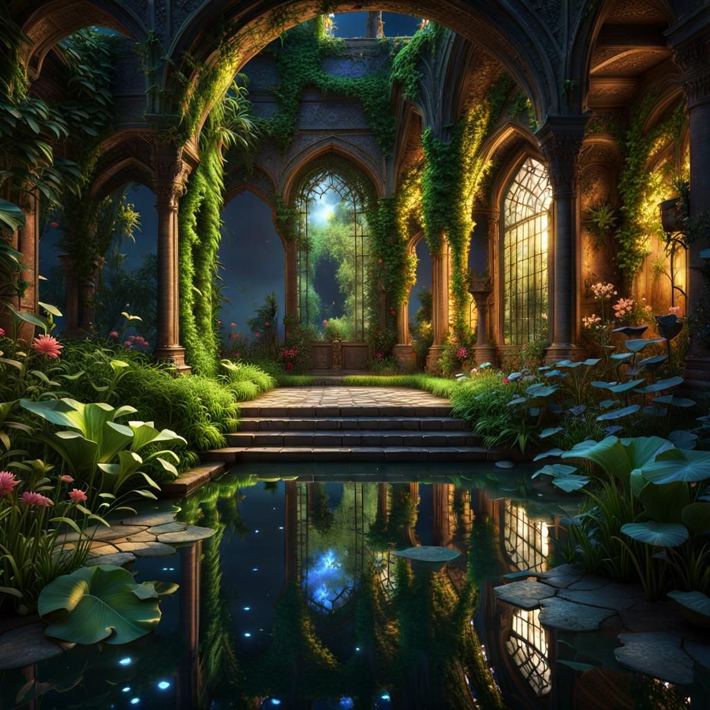 Lush Ruined Courtyard Under Starry Sky