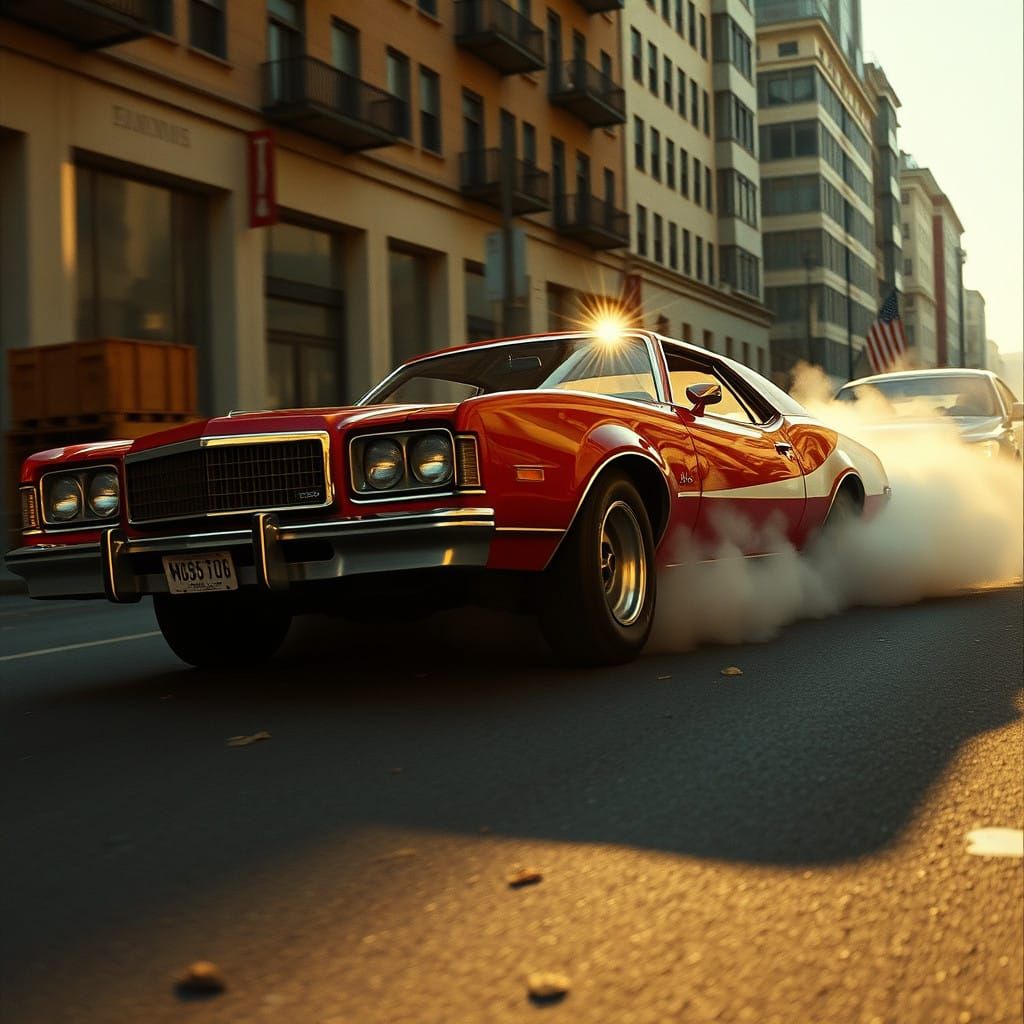 A cinematic action scene featuring the iconic red 1976 Ford ...