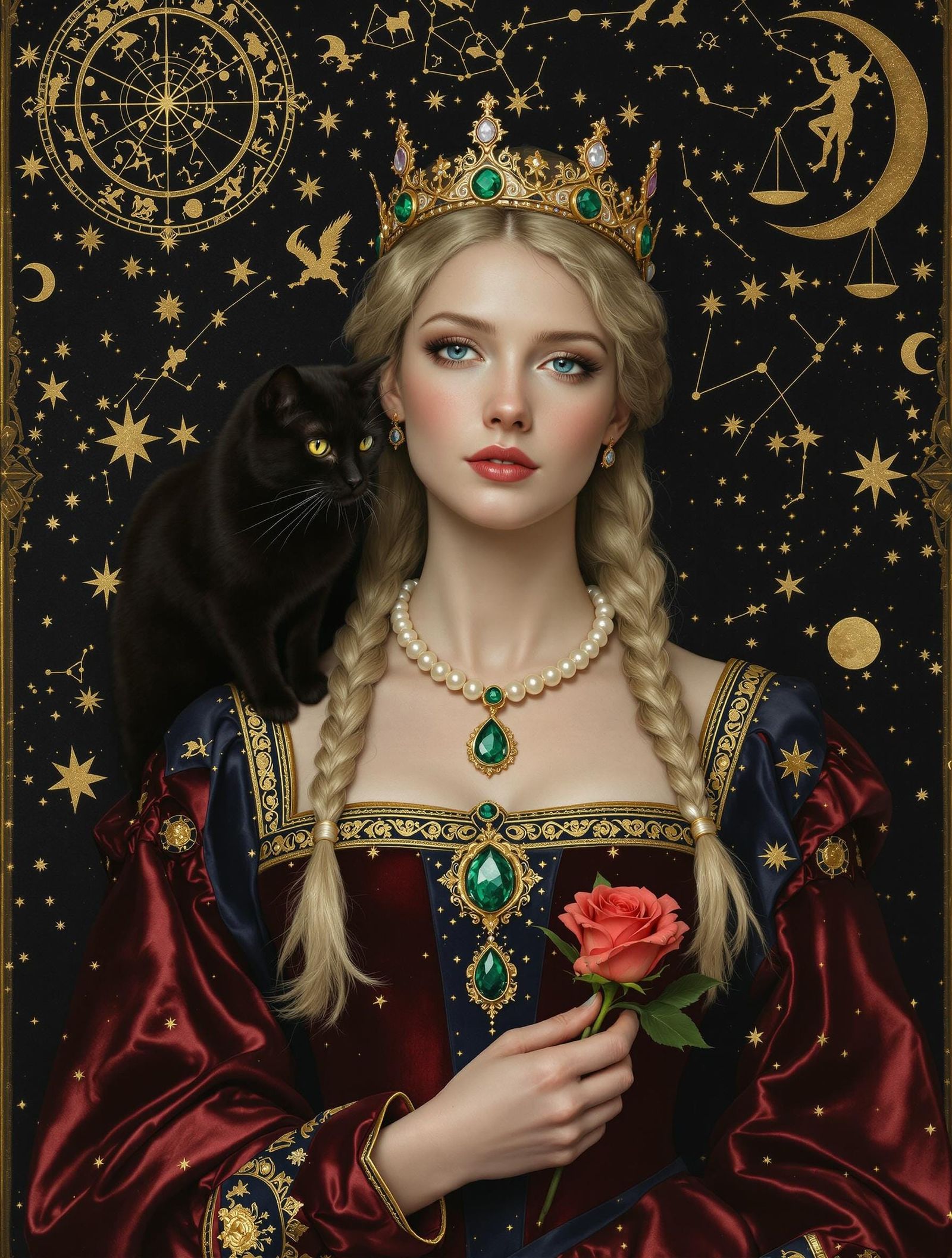 Medieval Queen in Velvet and Gold, with Starlight Textures a...