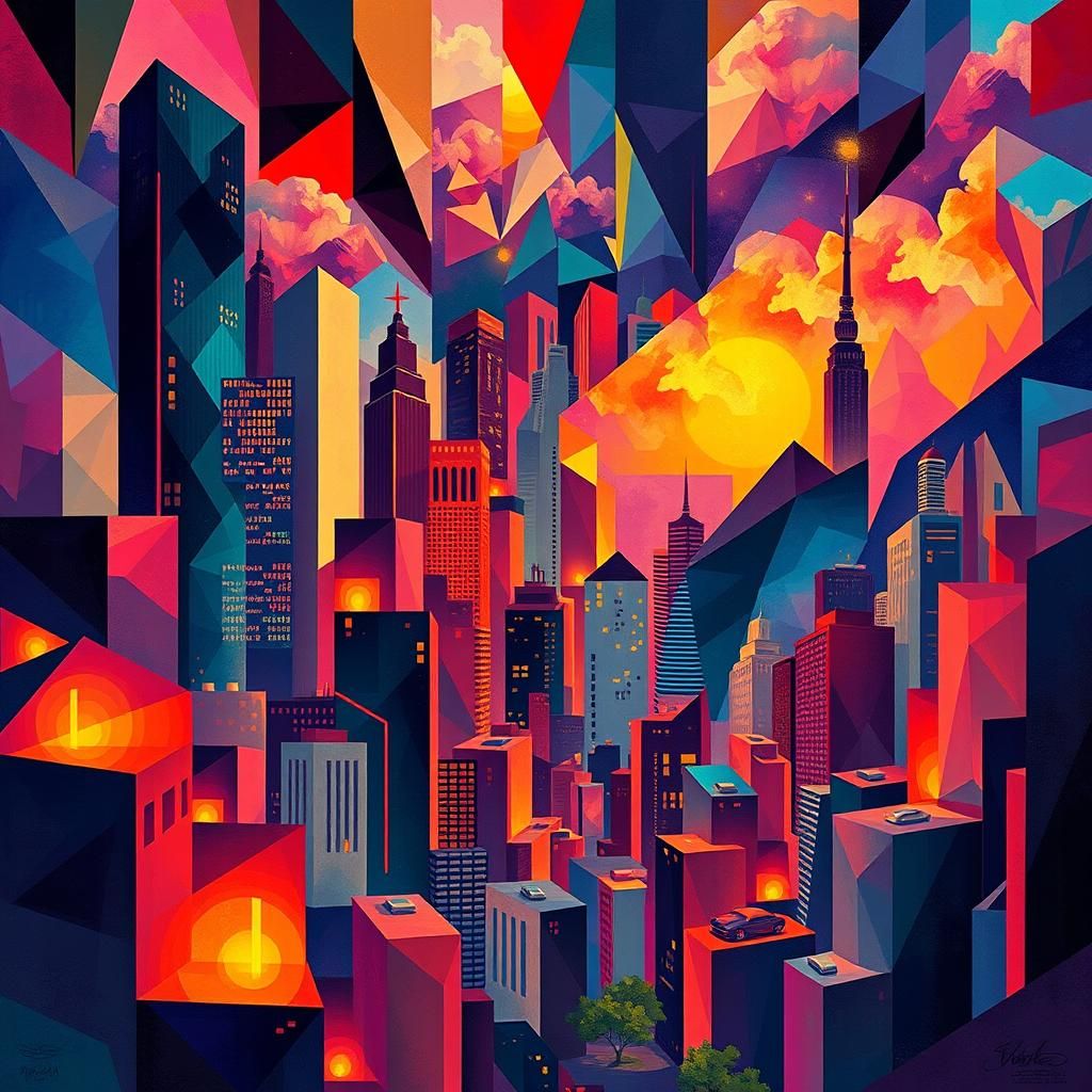 Vibrant Art Deco Cityscape in Geometric Fauvism Style