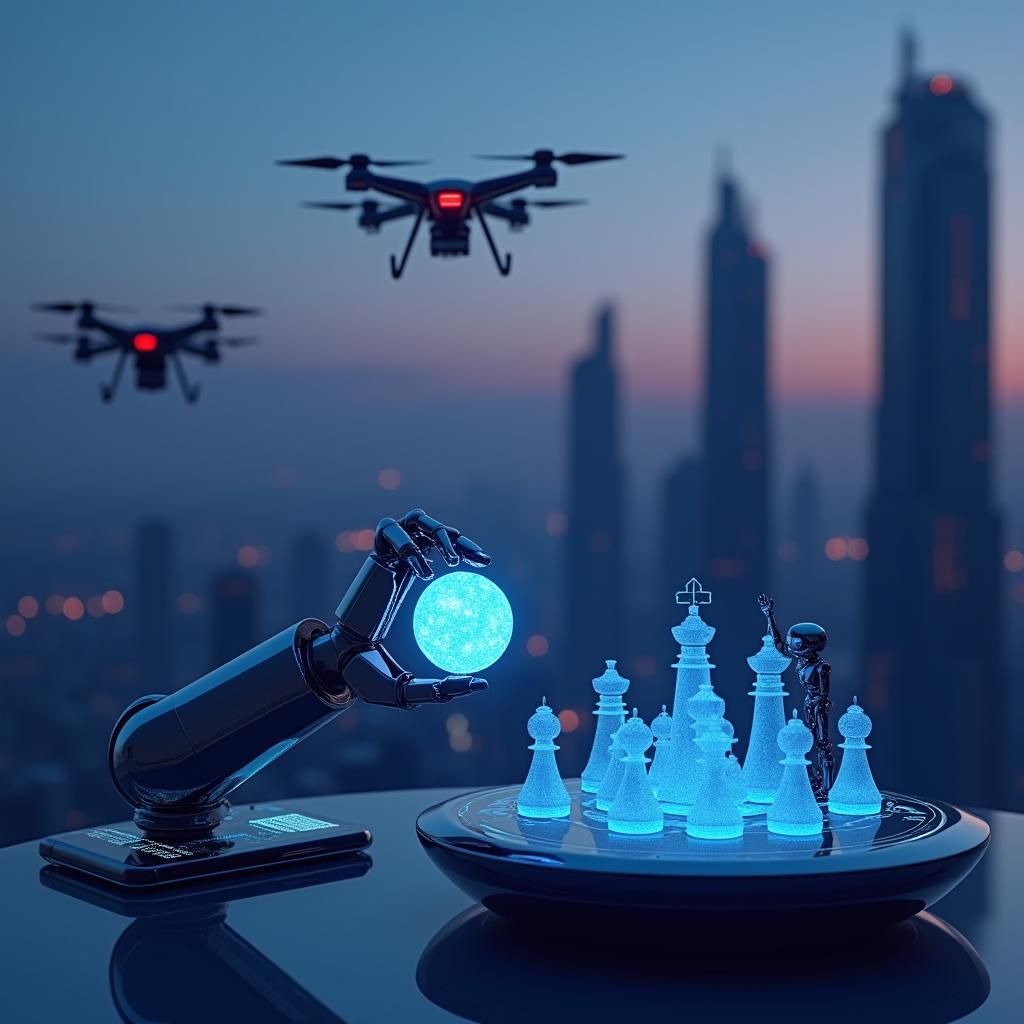 Futuristic Cityscape with Robotic Arm and Tech Objects