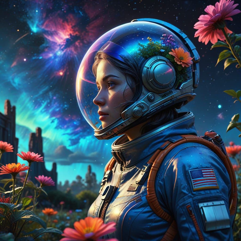 Woman Tends Bioluminescent Garden on Distant Planet