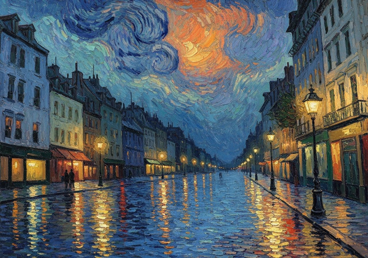 Dramatic Rainy Cityscape as Impasto Painting