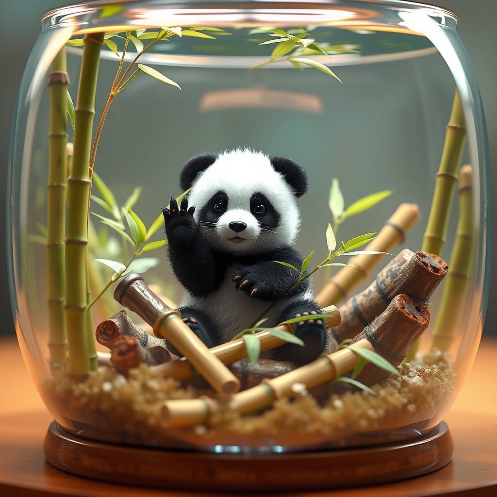 Cute Miniature Panda in a Bamboo Aquarium Scene in Anime Sty...