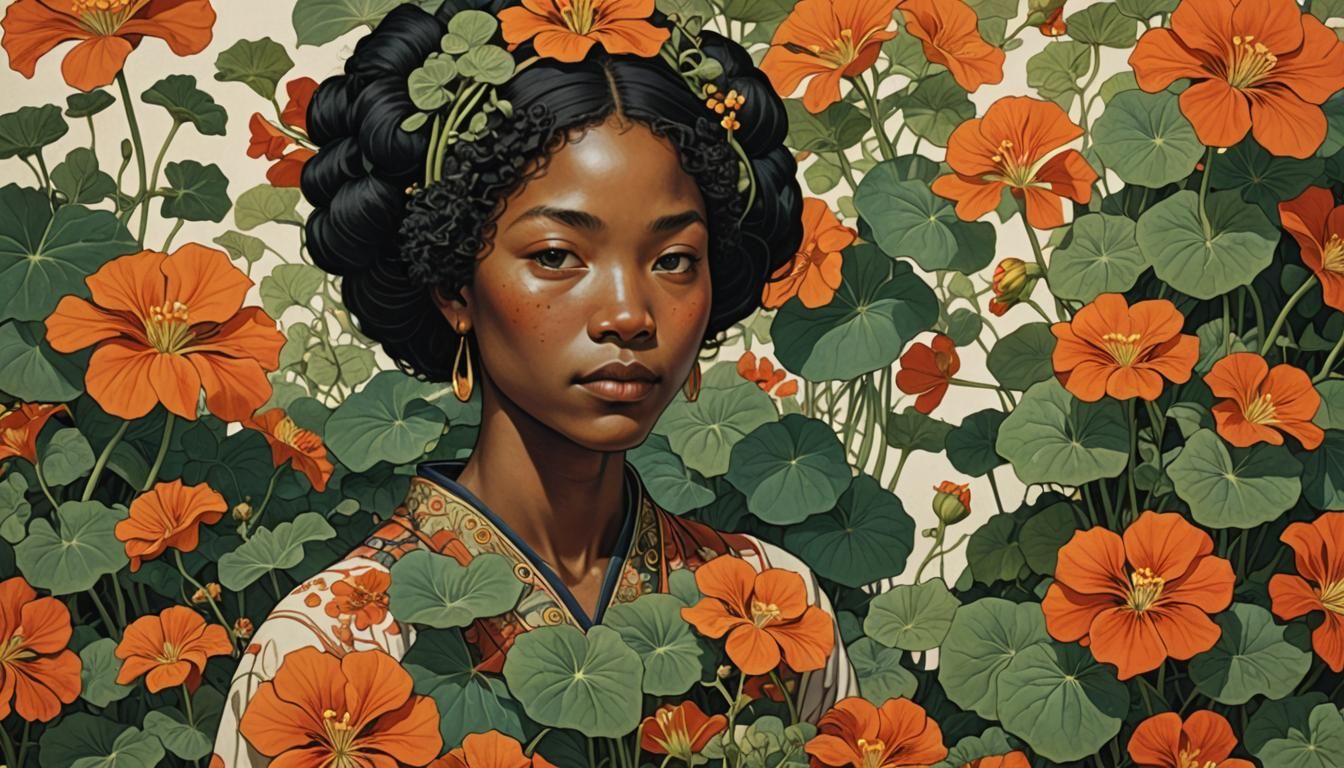 Black Woman with Nasturtiums in Ukiyo-e Style