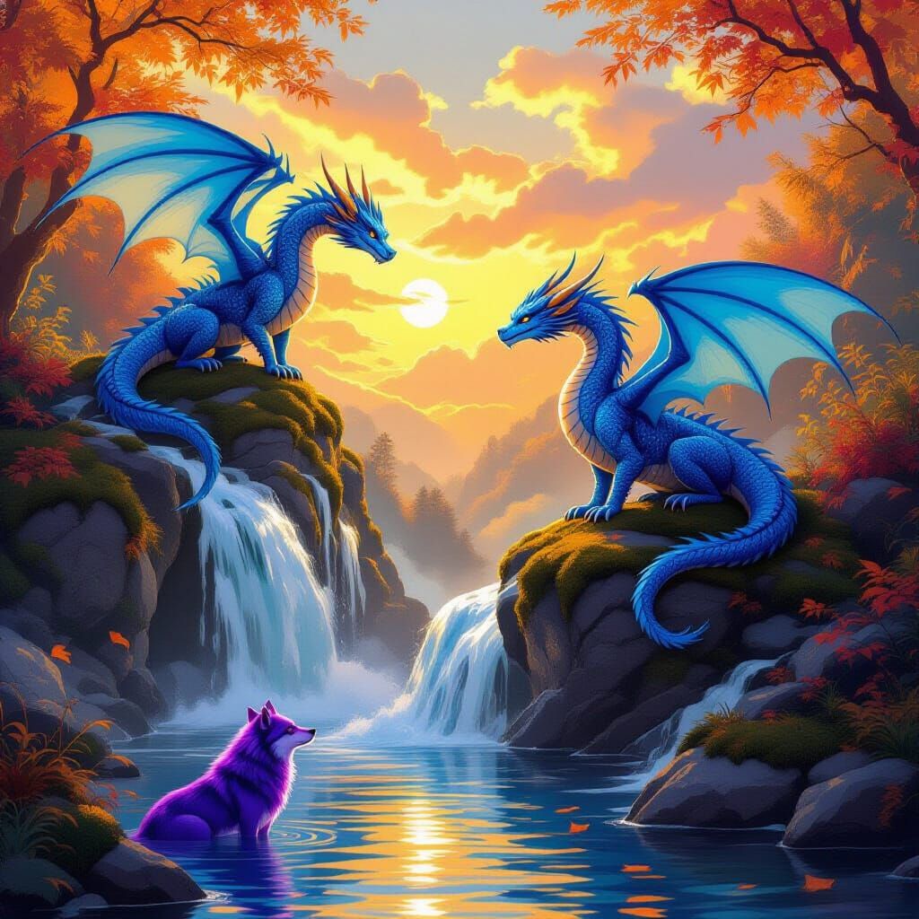 Dragons, Wolf, and Waterfall in Autumn Glow