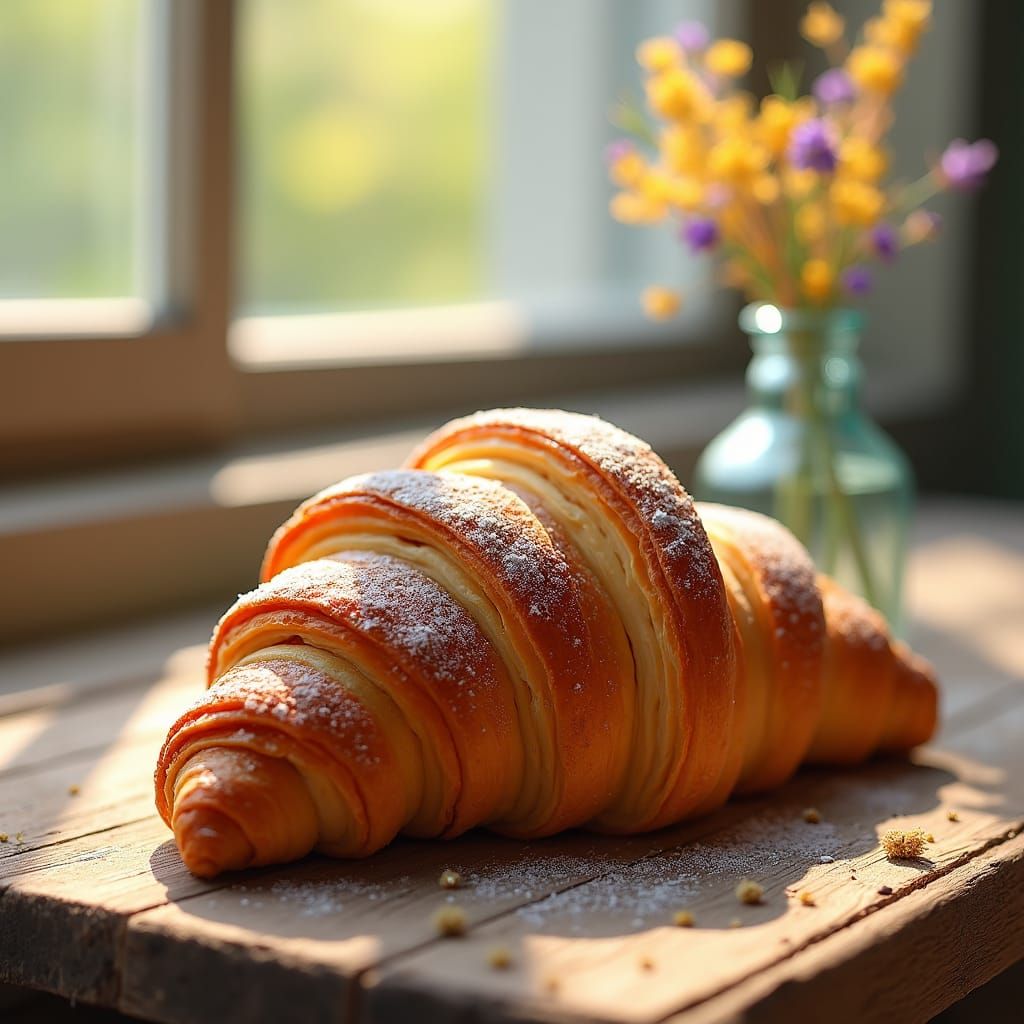 Golden Croissant Still Life in Impressionist Style