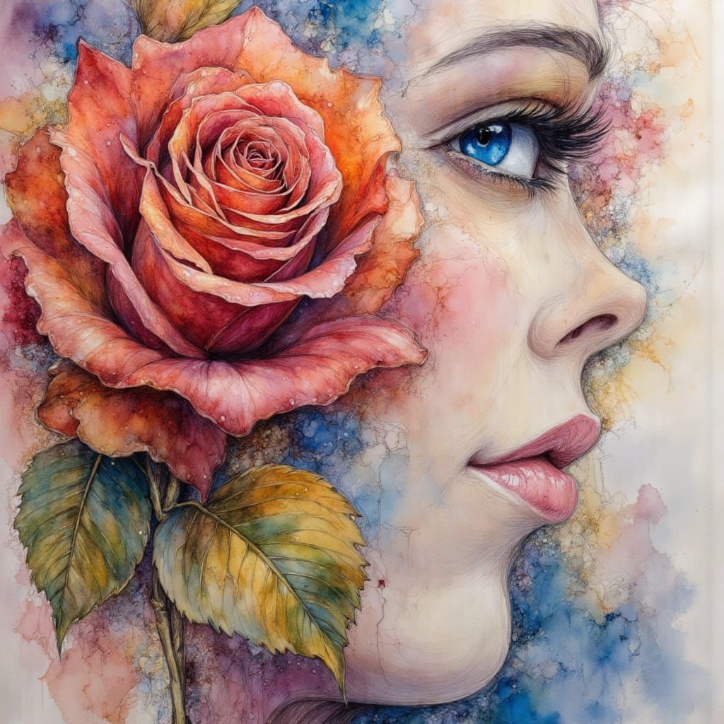 Belle Holding Rose: Pen and Ink Masterpiece