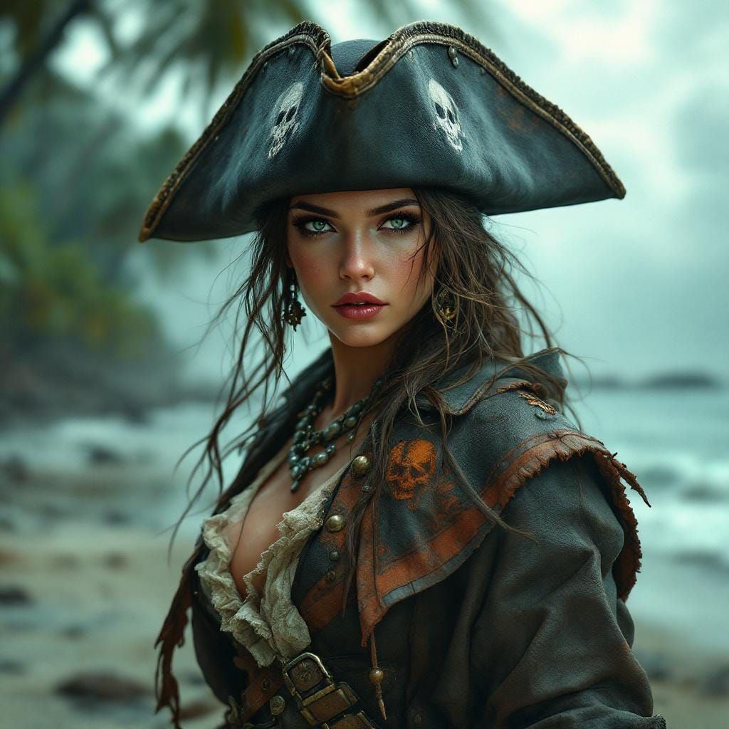 Pirate Captain on Misty Beach in 3D Rendered Style