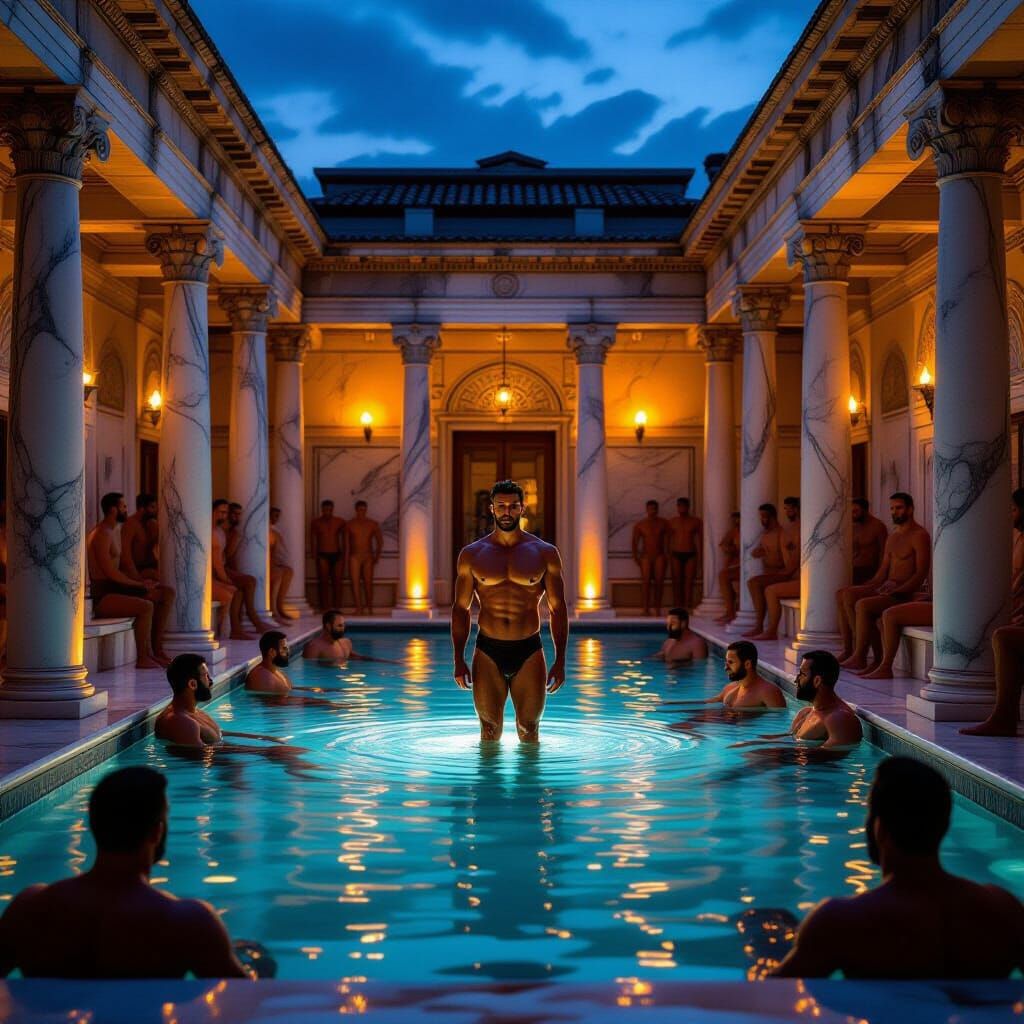 Steamy Greek Bathhouse at Dusk: A Sacred Space