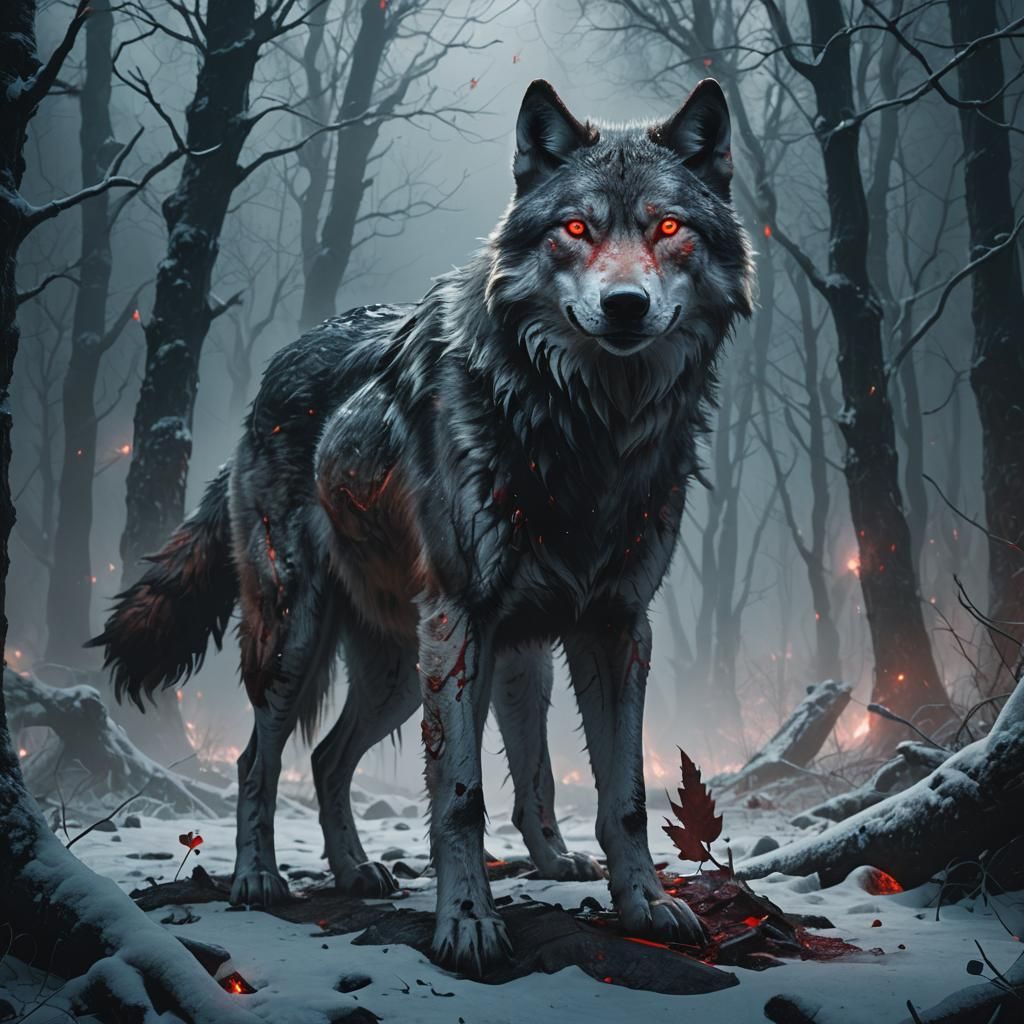 Blood Wolf in Mystical Forest: Fantasy Concept Art