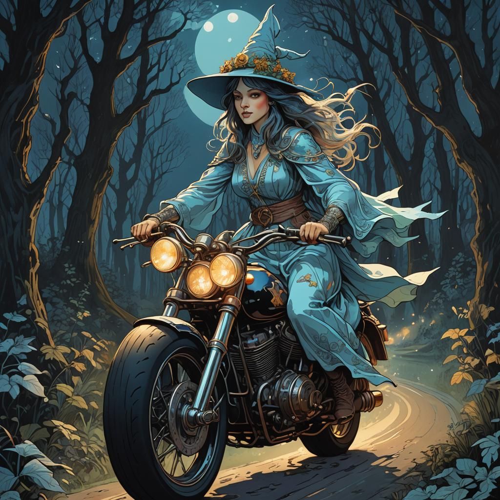 Witch riding a motorbike