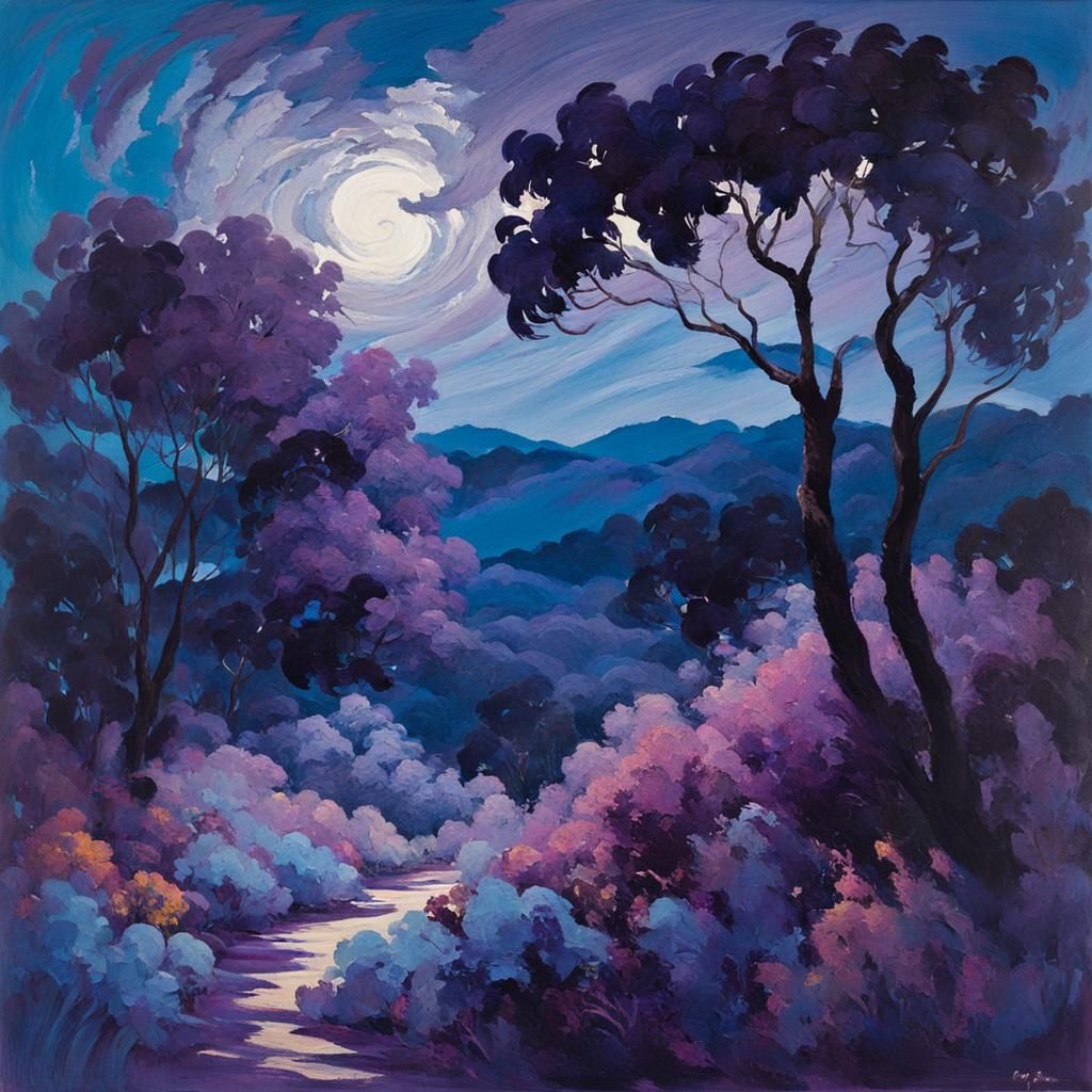 Lovers Meet on Purple Hill in Gouache Watercolor