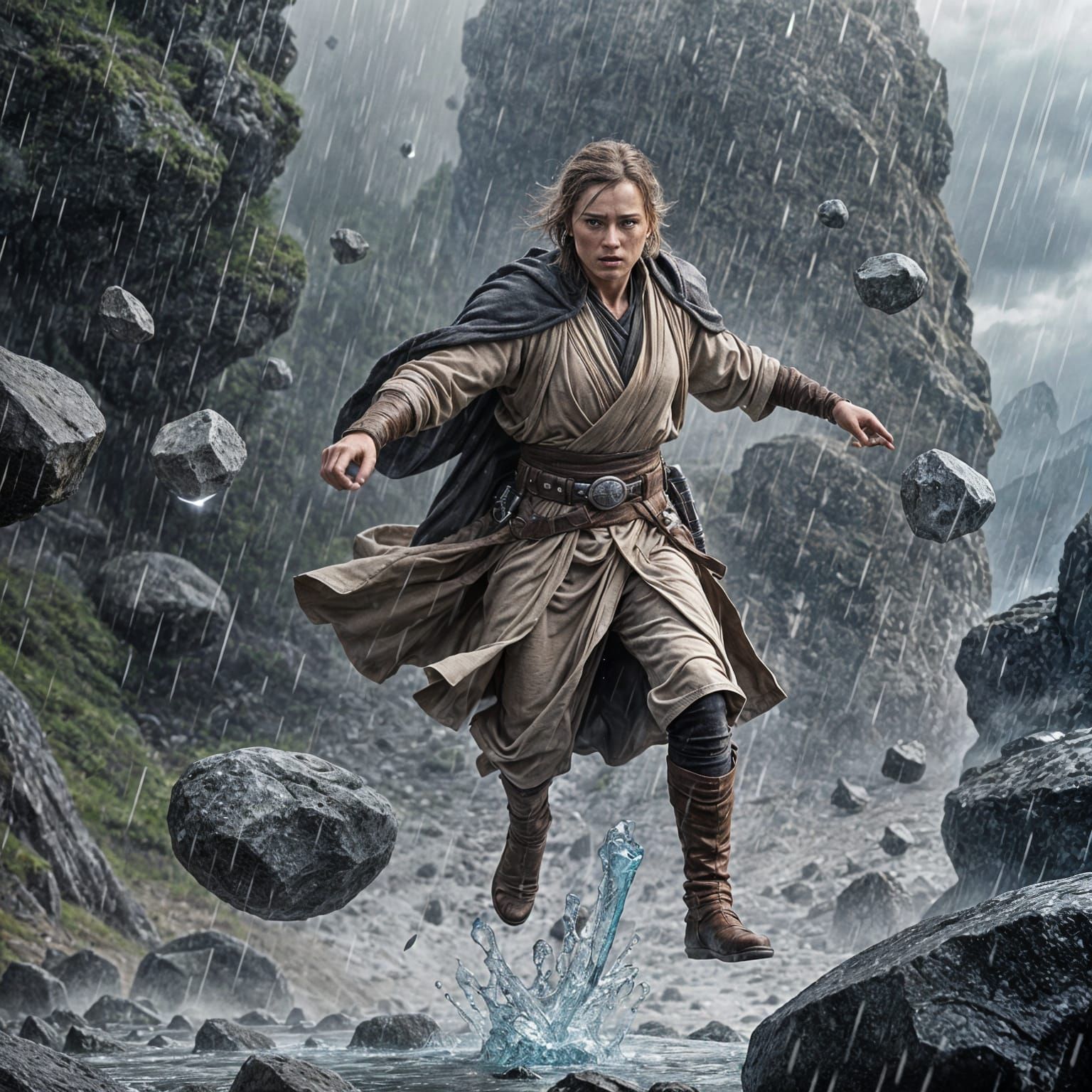 Jedi knight levitating rocks in the air
