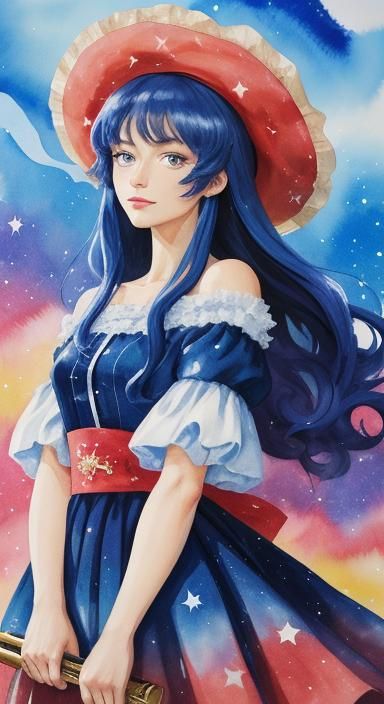 Anime Girl with Red Hat in Gouache Style