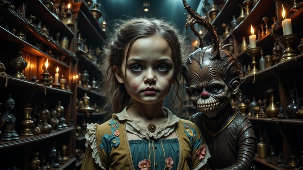 Dark Surrealist Scene of Young Girl and Antique Clown Doll